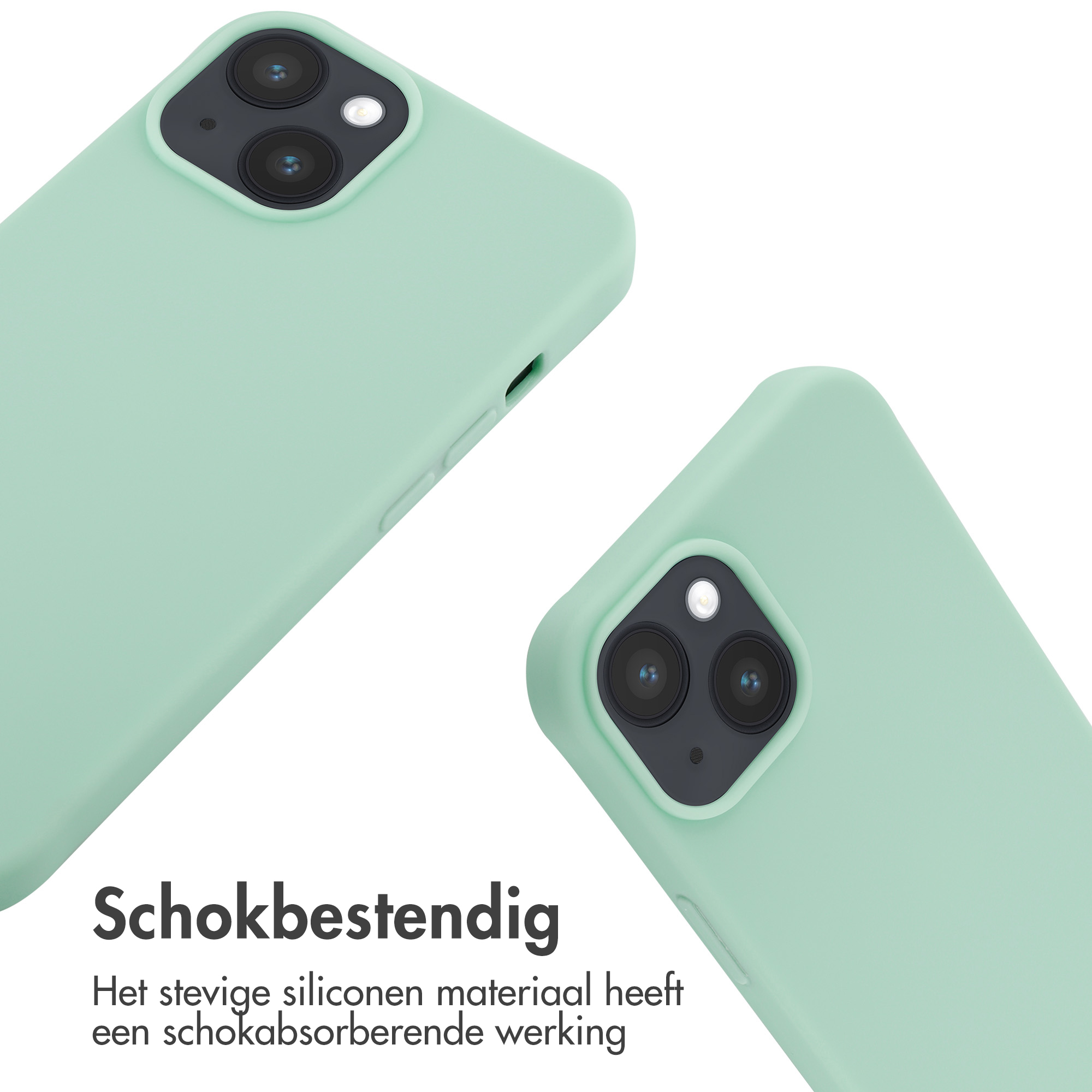 Minzgrüne Handyhüllen mit Handys. Weißer Hintergrund.