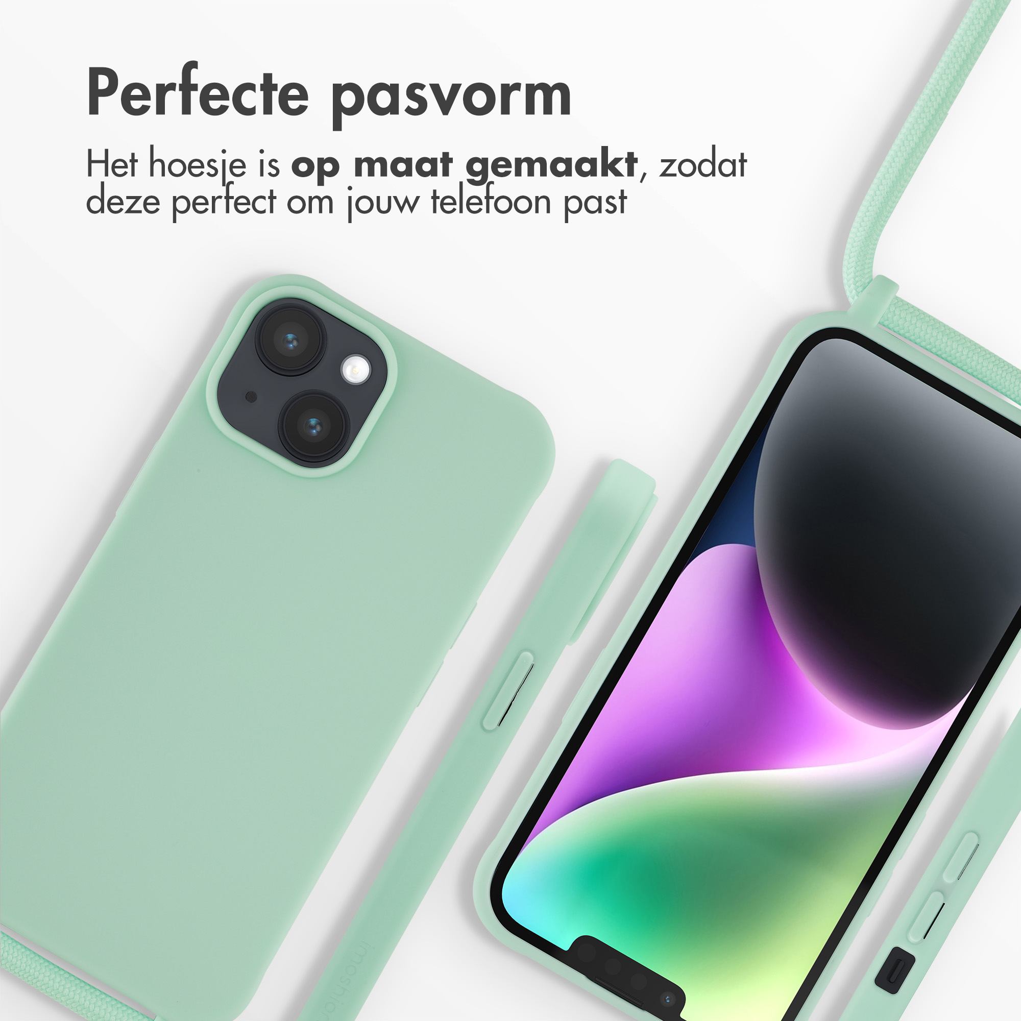 Minzgrüne Handyhülle und Telefon. Das Telefon hat einen farbenfrohen Bildschirm. Ein grüner Gurt ist befestigt.