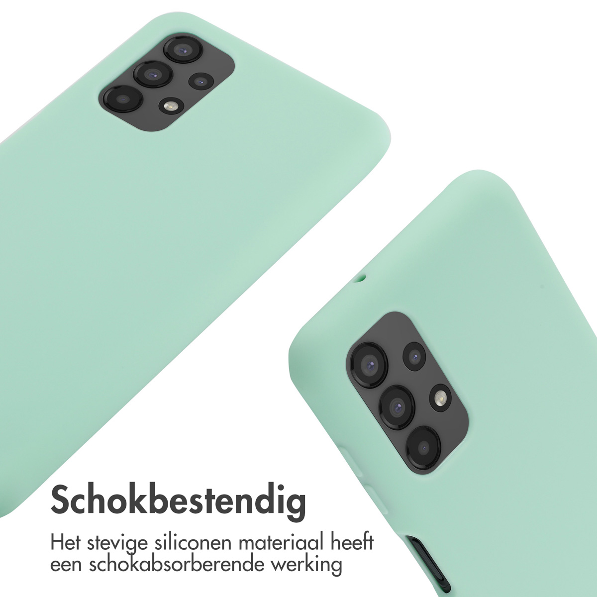 Two mint green phone cases with cameras. Text: Shockproof. The sturdy silicone material has a shock-absorbing effect.