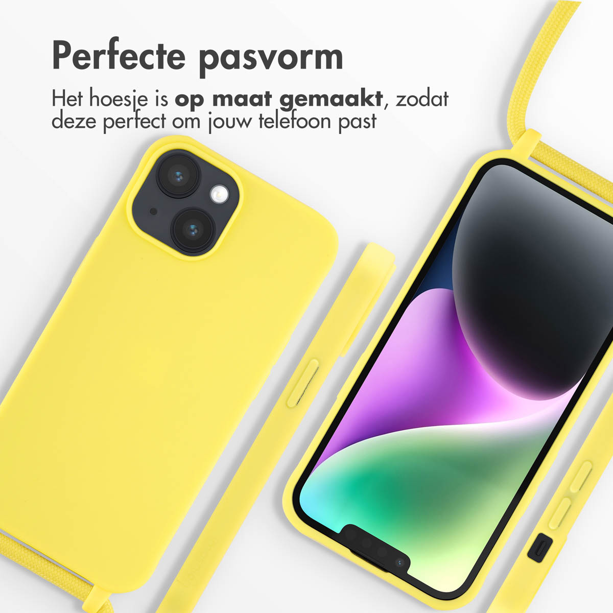 Gelbe Handyhülle mit Riemen, Telefon rechts, weißer Hintergrund, Text 'Perfecte pasvorm'.