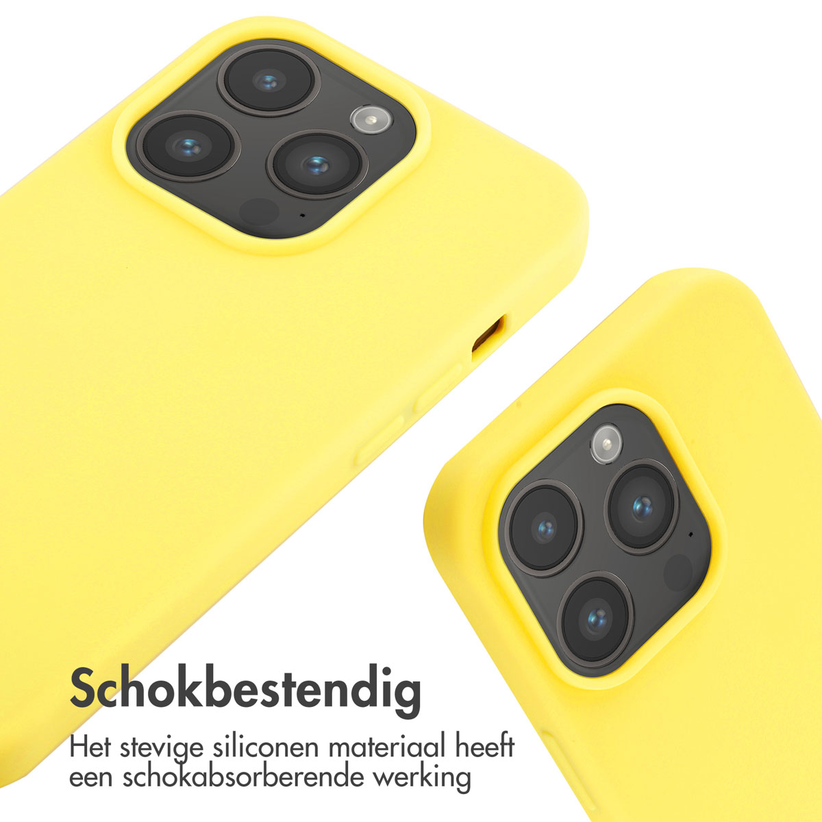 Twee gele telefoonhoesjes. Eén schuin naar voren, de andere in een lichte hoek.