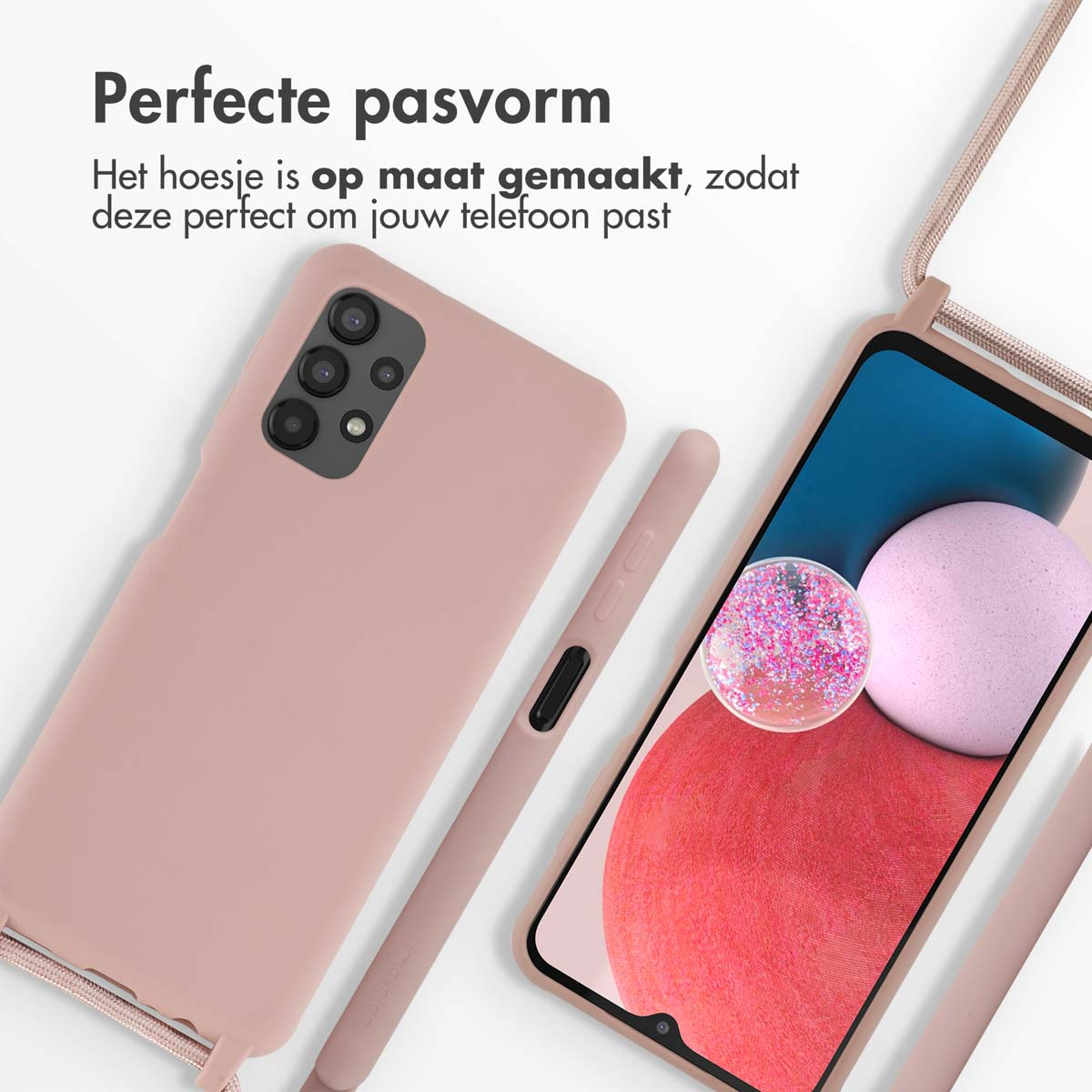 Pink phone case with a phone inside. Phone has a pink and white screen.