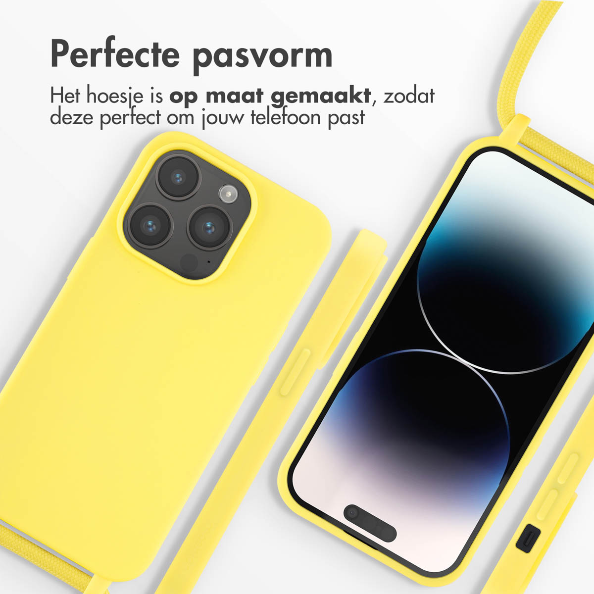 Gele telefoonhoes met riem en telefoon. Tekst: Perfecte pasvorm.