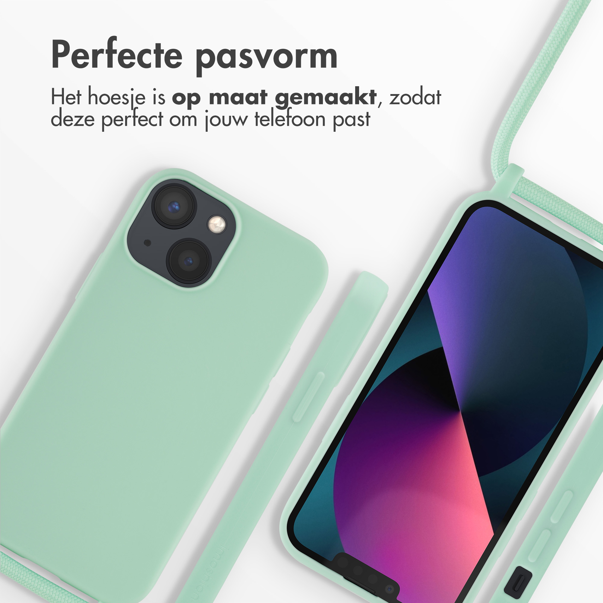 Une coque de téléphone vert clair avec une lanière, à côté d'un téléphone avec un écran à droite.