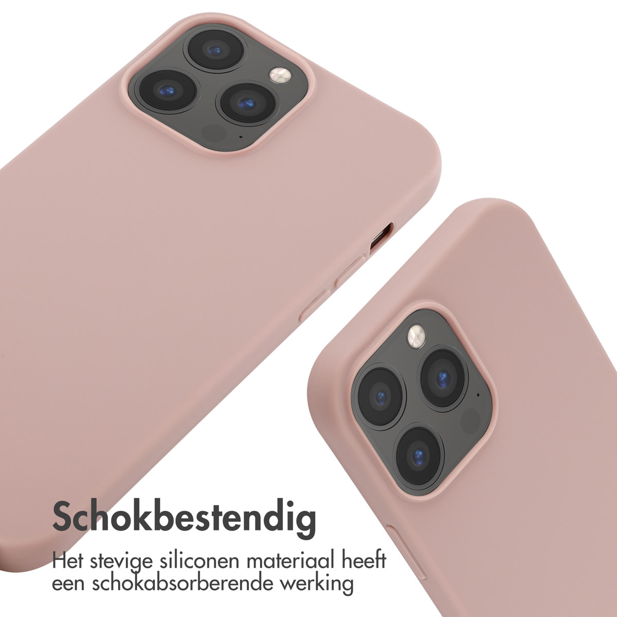 Deux coques de téléphone roses, gros plan, fond blanc, texte 'Schokbestendig'.