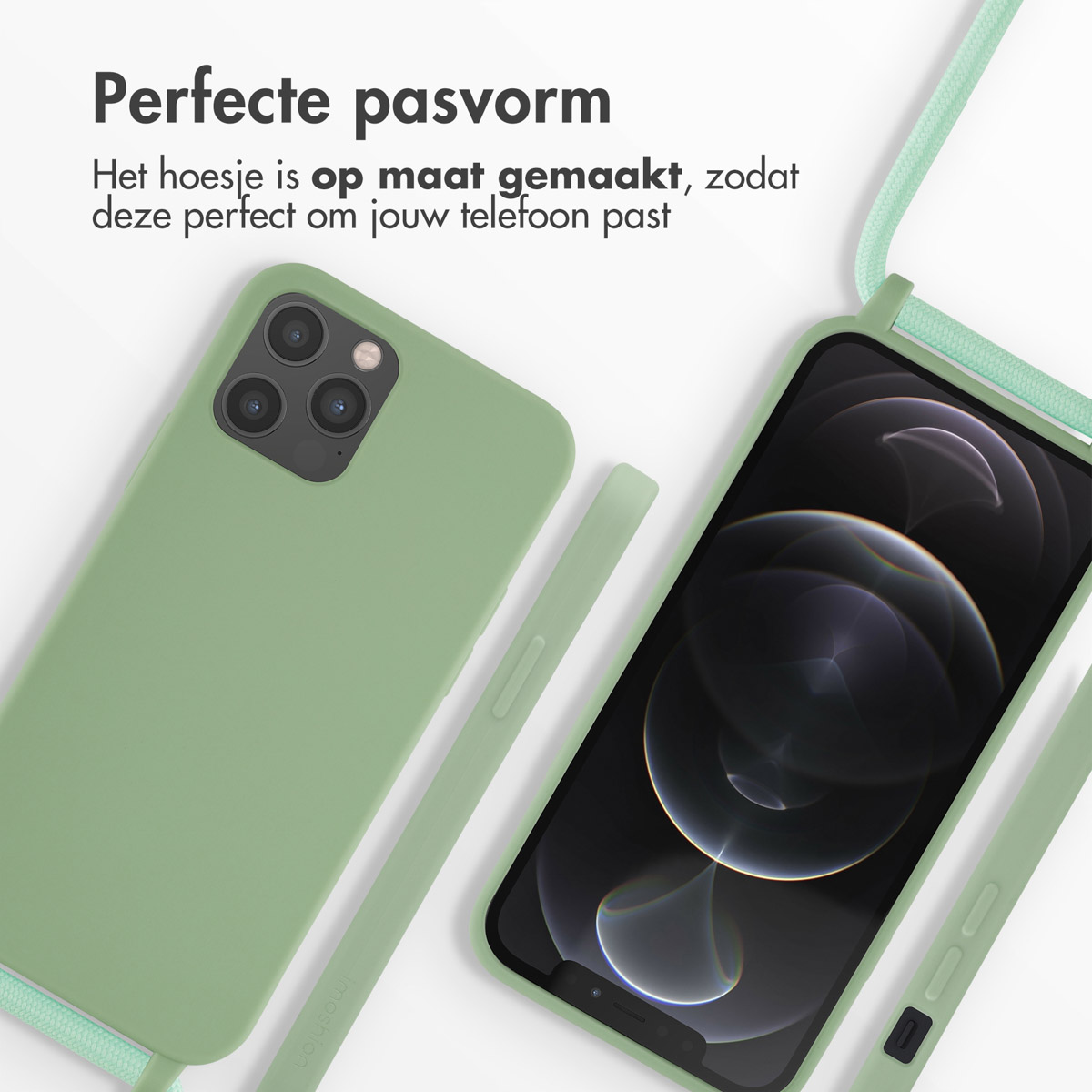Coque verte avec sangle et téléphone. Texte: Ajustement parfait.
