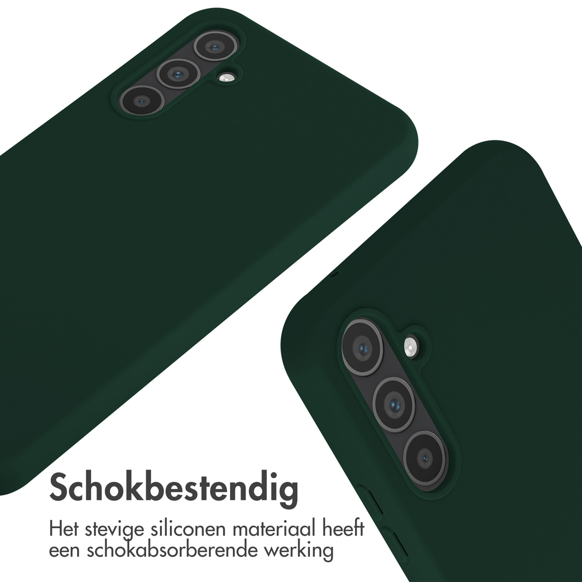 Twee donkergroene telefoonhoesjes met camera's tegen een witte achtergrond.