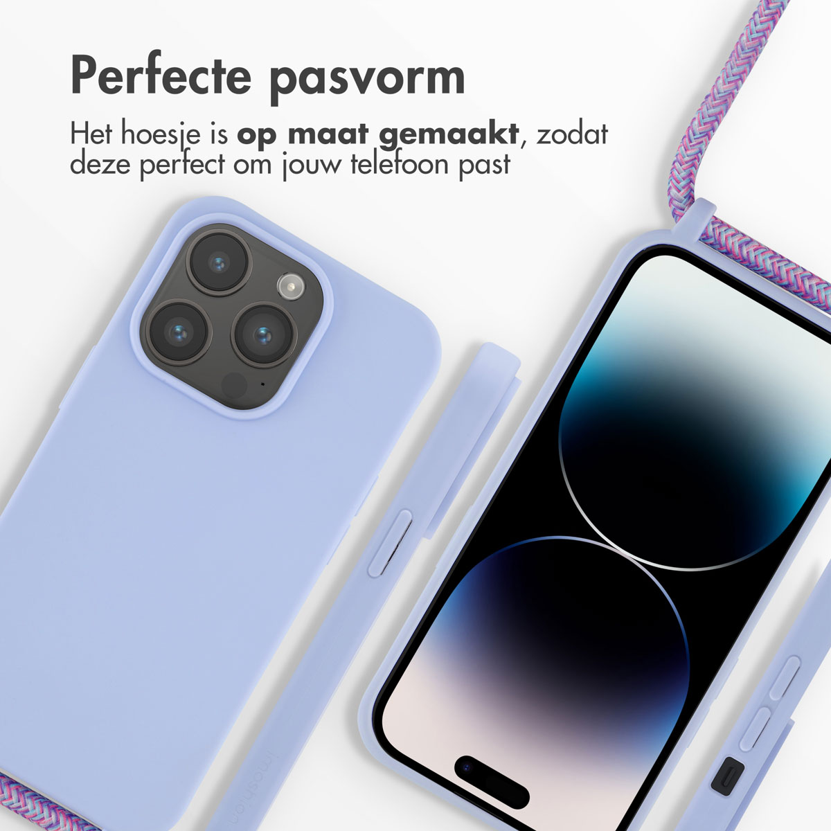 Une coque de téléphone bleue avec un téléphone, une coque et une sangle. Ensemble sur une surface blanche.