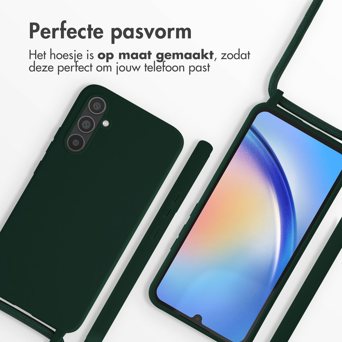 Een groene telefoonhoes met telefoon, hoes en band. Set op een witte ondergrond.