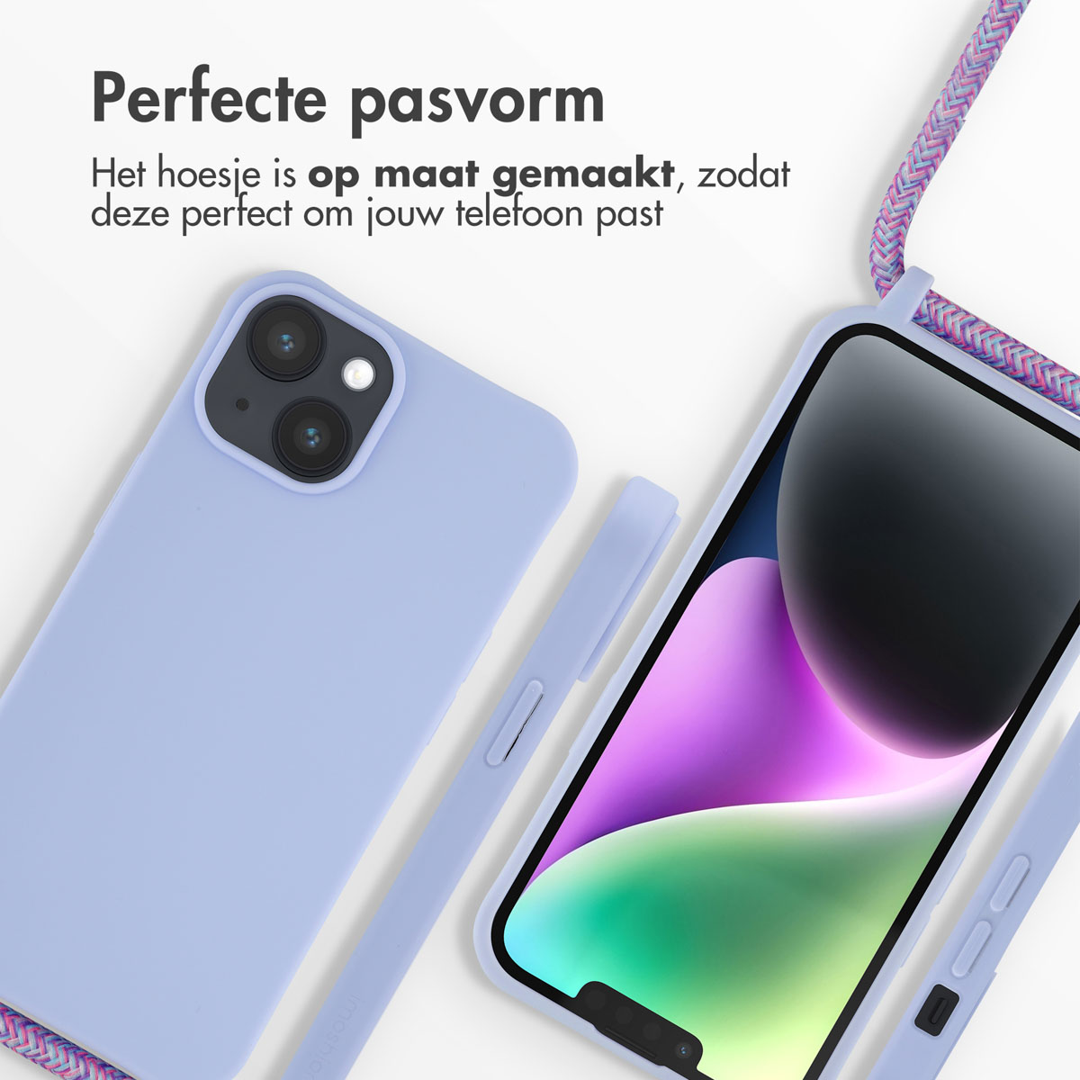 Lilafarbene Handyhülle mit Riemen, Telefon rechts, weißer Hintergrund, Text 'Perfecte pasvorm'.
