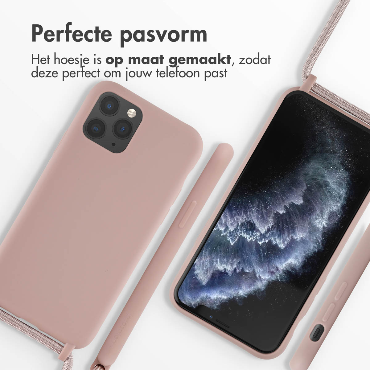 Un telefono e una custodia con cinturino su sfondo bianco. La custodia e il telefono sono rosa.
