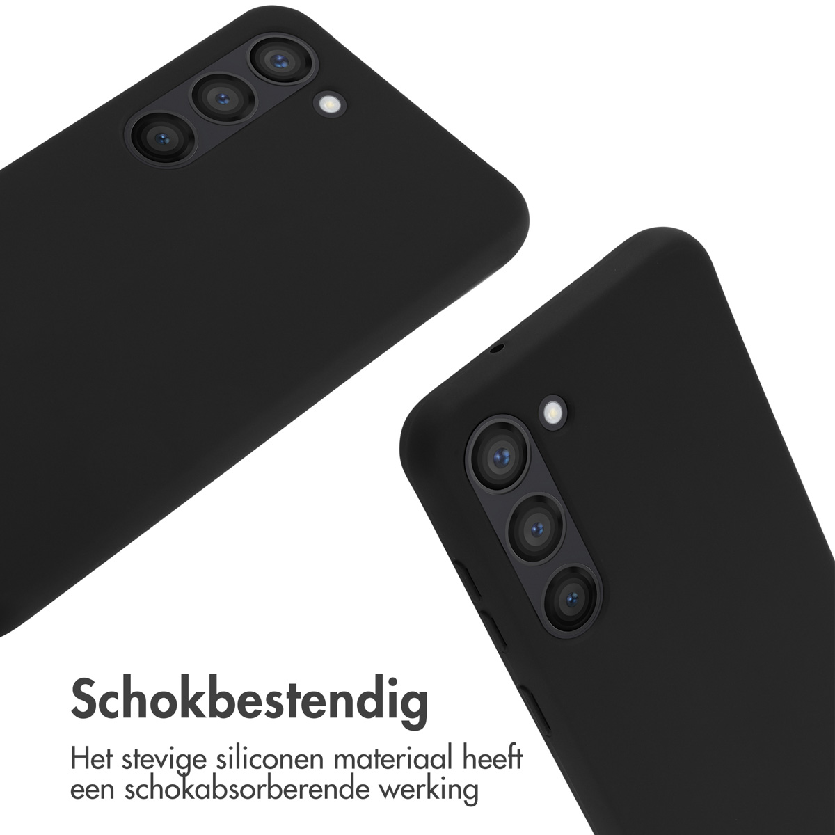 Twee zwarte telefoonhoesjes. Tekst: Schokbestendig.