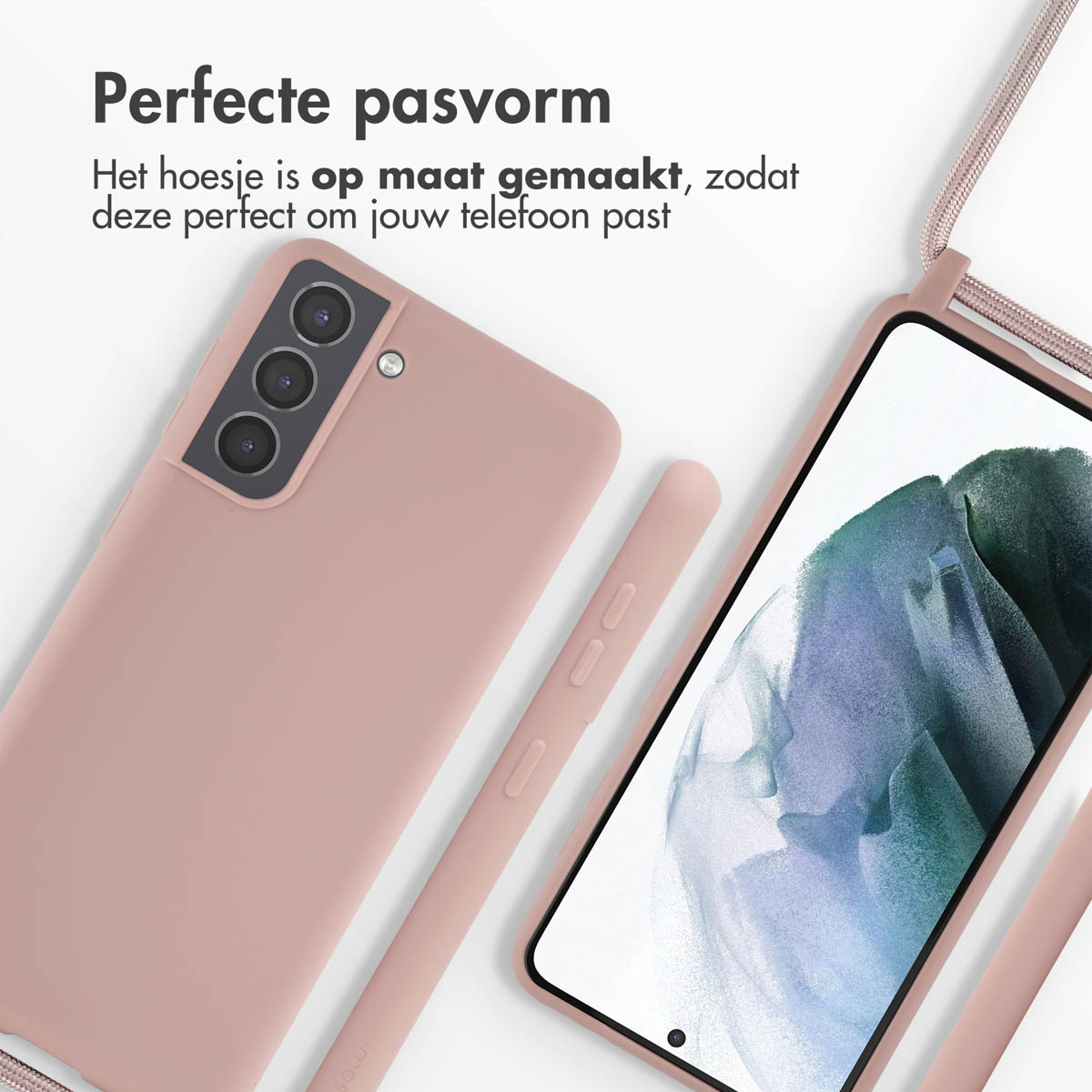 Custodia rosa, telefono con schermo e parti della custodia su superficie bianca. Testo: 'Vestibilità perfetta'.