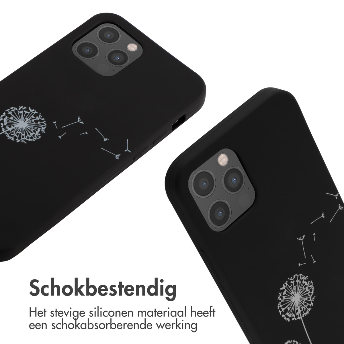 Zwei schwarze Handyhüllen mit weißen Löwenzahnpflanzen. Text: Stoßfest.