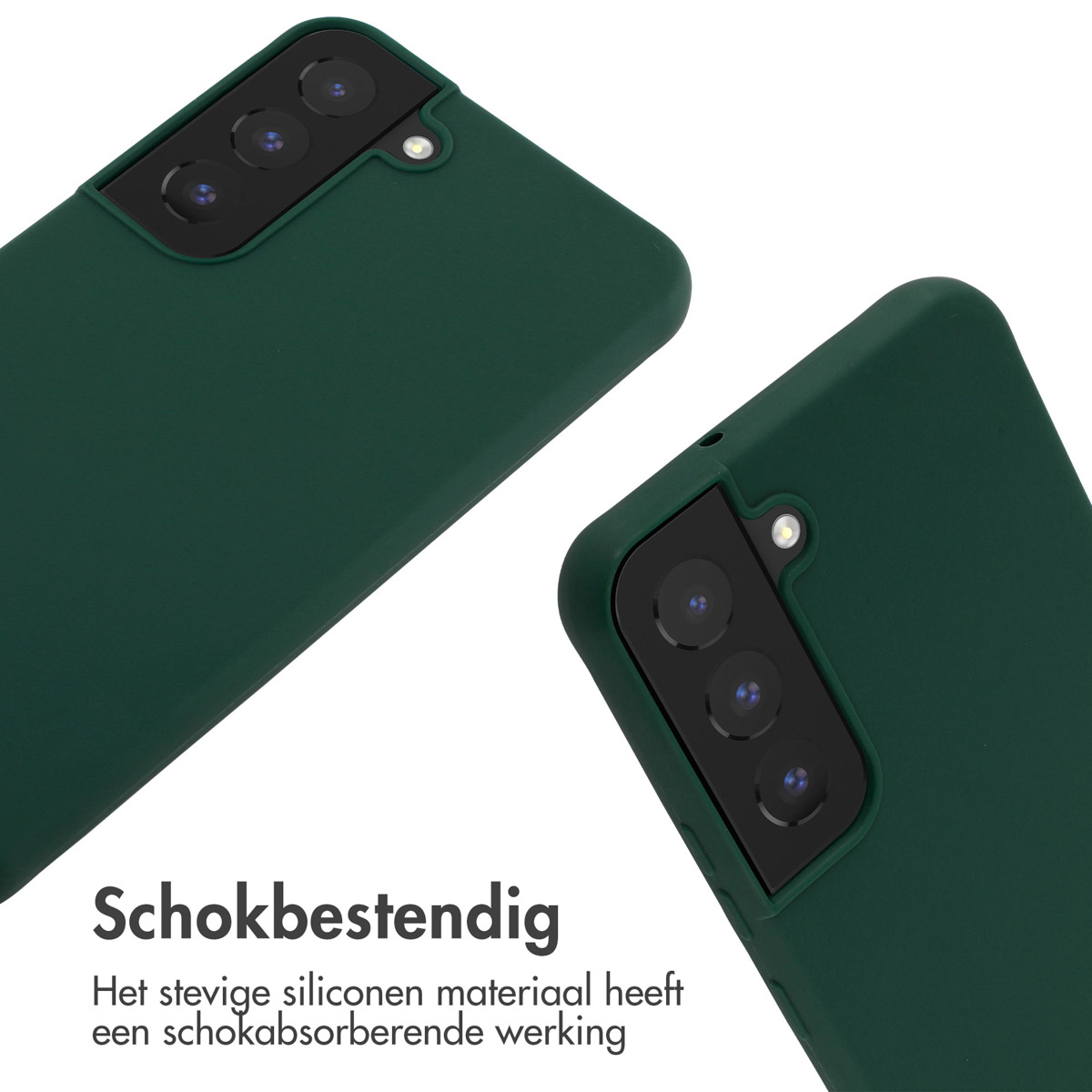 Twee donkergroene telefoonhoesjes op een witte achtergrond. De hoesjes hebben een camera-uitsparing.