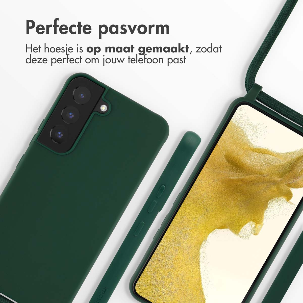 Groen telefoonhoesje en een telefoon met een gouden scherm, met een riem en haken.