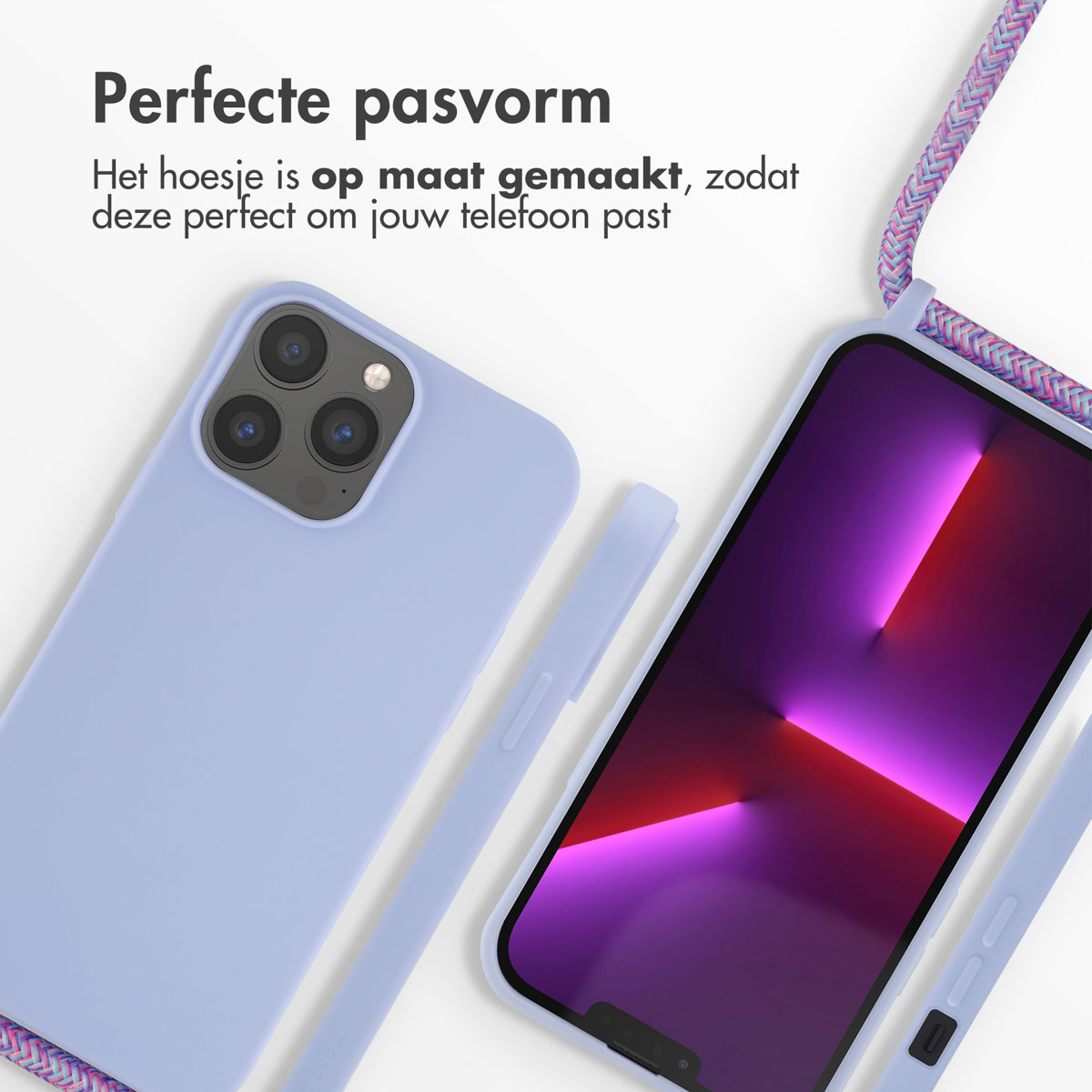Coque violette avec téléphone à l'intérieur. Le téléphone a un écran violet.