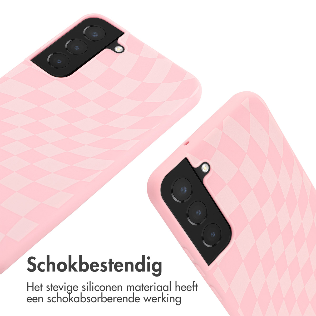 Deux coques de téléphone roses avec un motif de diamants sont affichées. Les coques sont présentées sous différents angles.