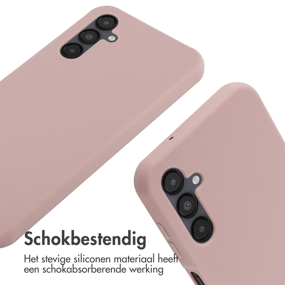 Twee roze telefoonhoesjes van dichtbij. Tekst: schokbestendig. Siliconen materiaal absorbeert schokken.