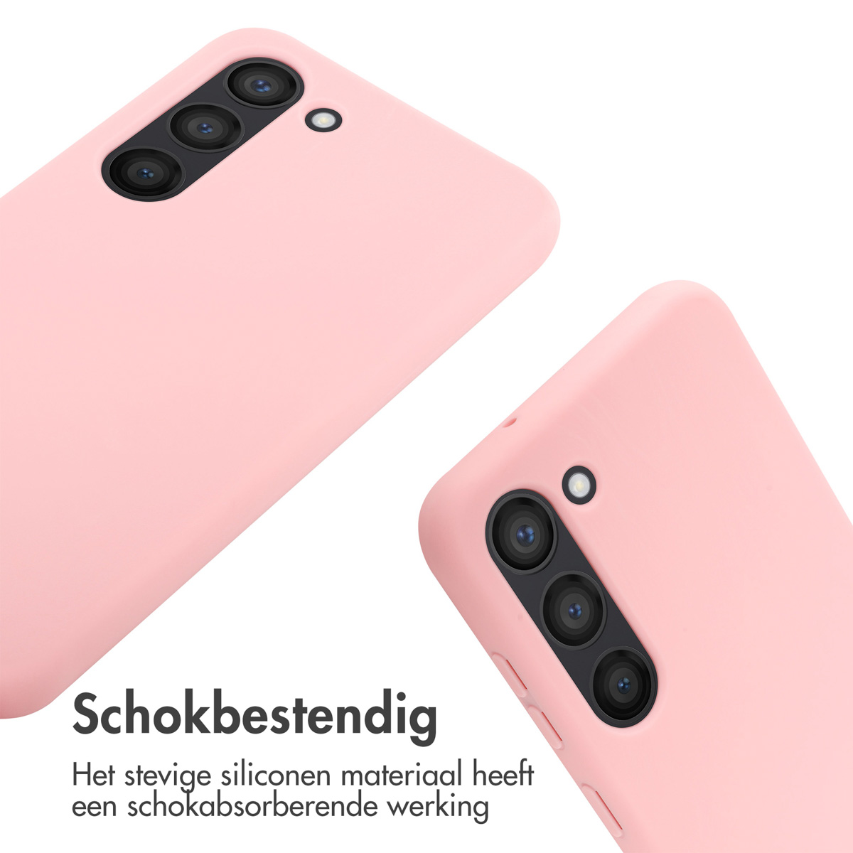 Twee roze telefoonhoesjes. Tekst: Schokbestendig.