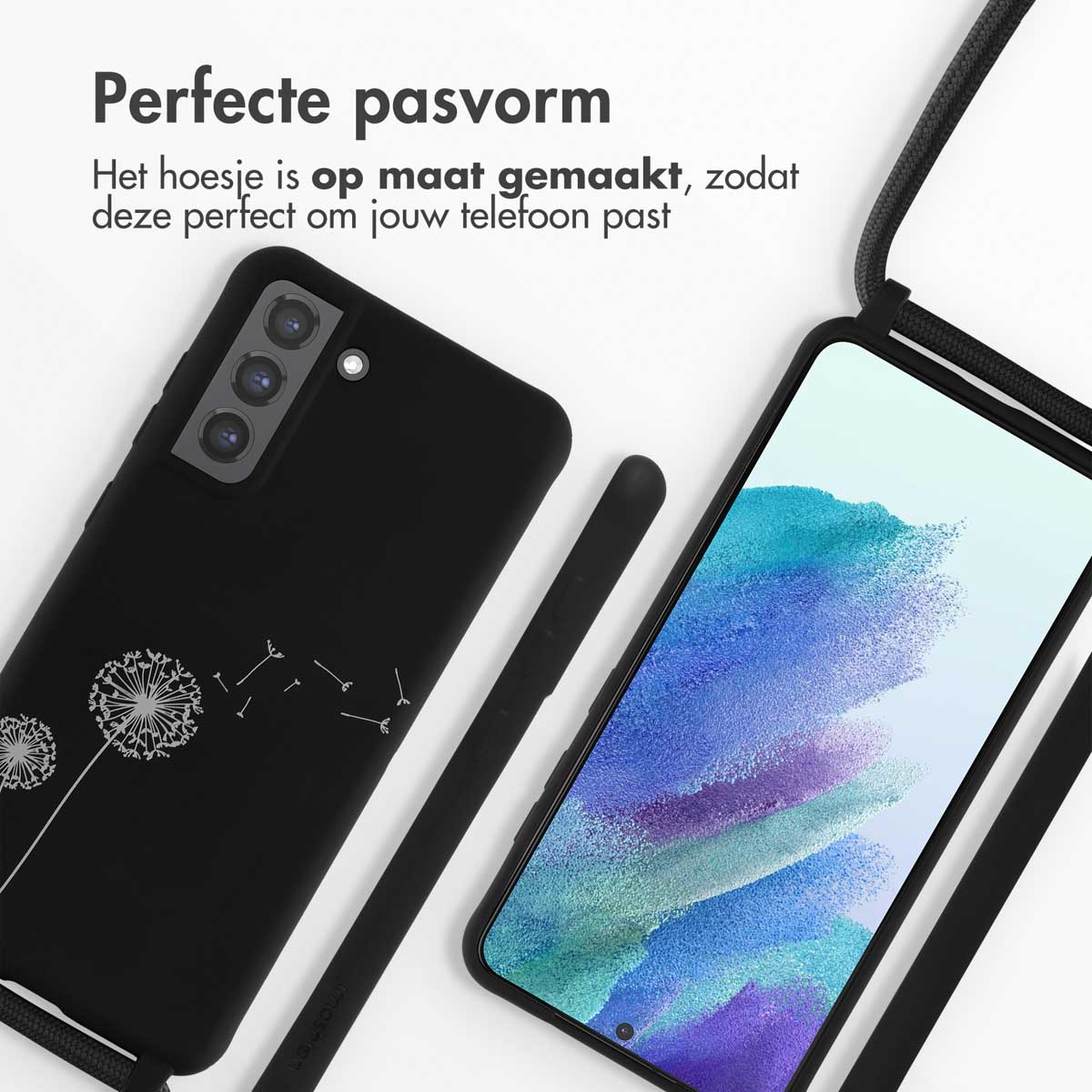 Zwarte telefoonhoes met telefoon erin. Telefoon met wit en blauw scherm.