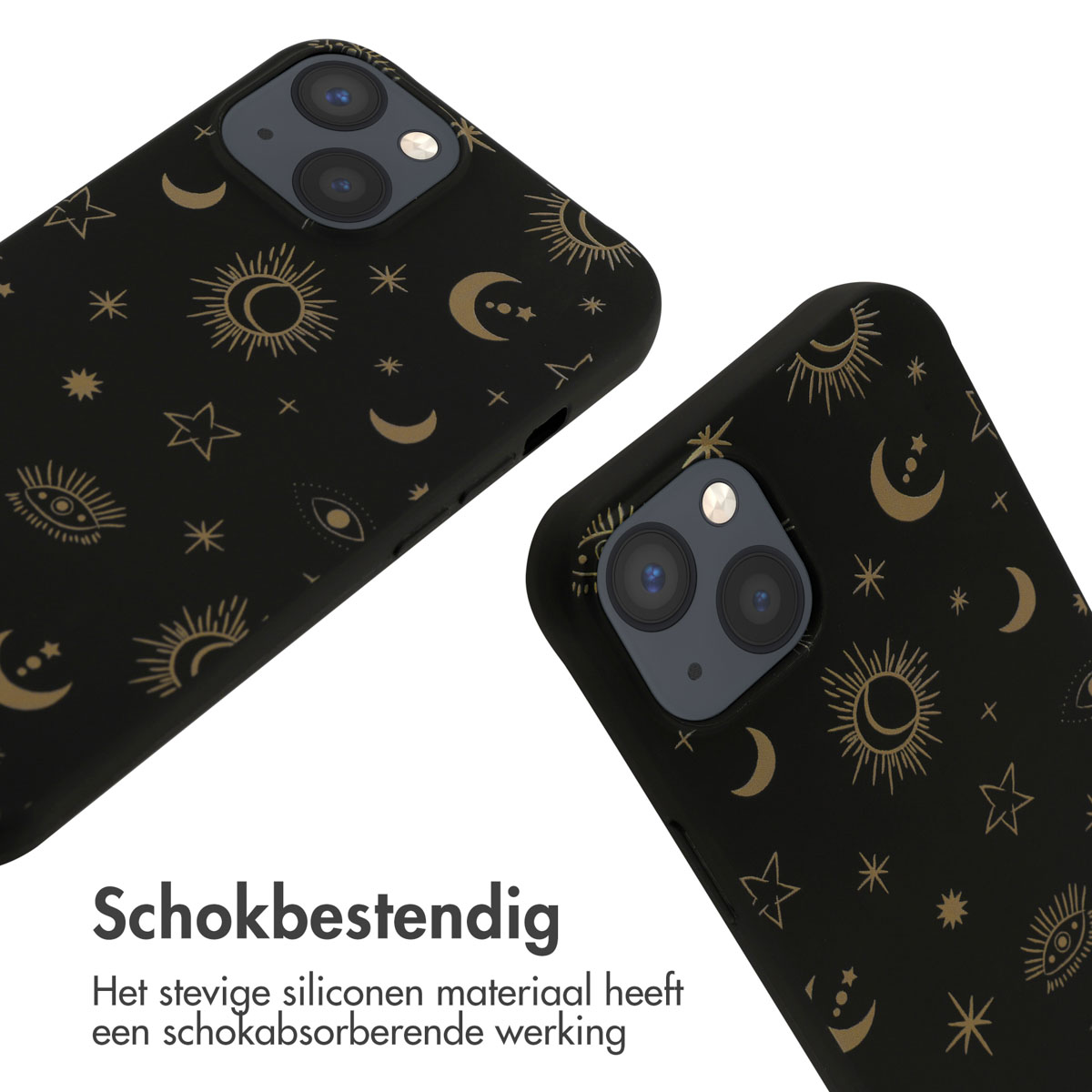 Twee telefoons met zwarte hoesjes met hemels patroon. Witte achtergrond. Tekst: Schokbestendig.