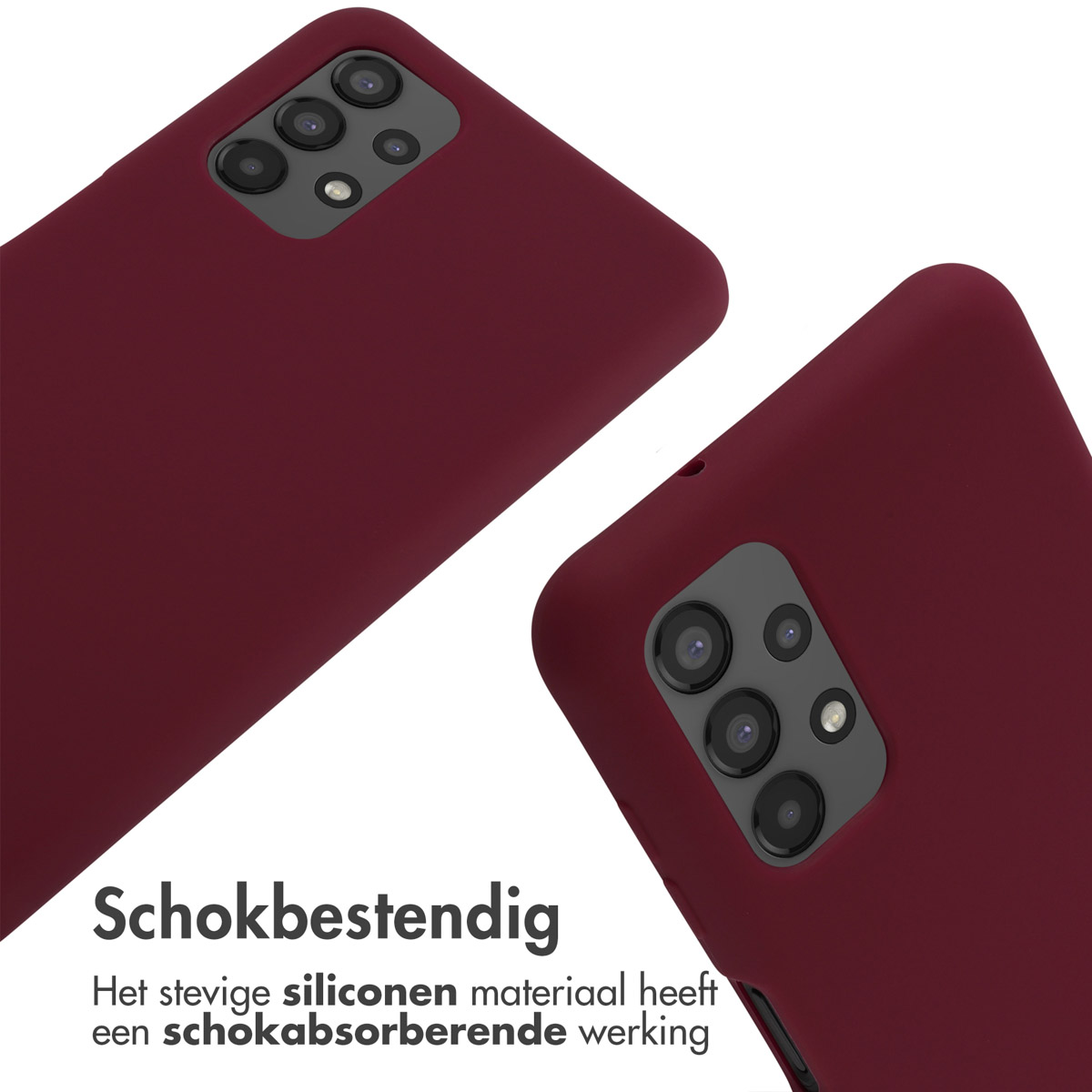 Two maroon phone cases. White background. Text: Schokbestendig (shockproof).