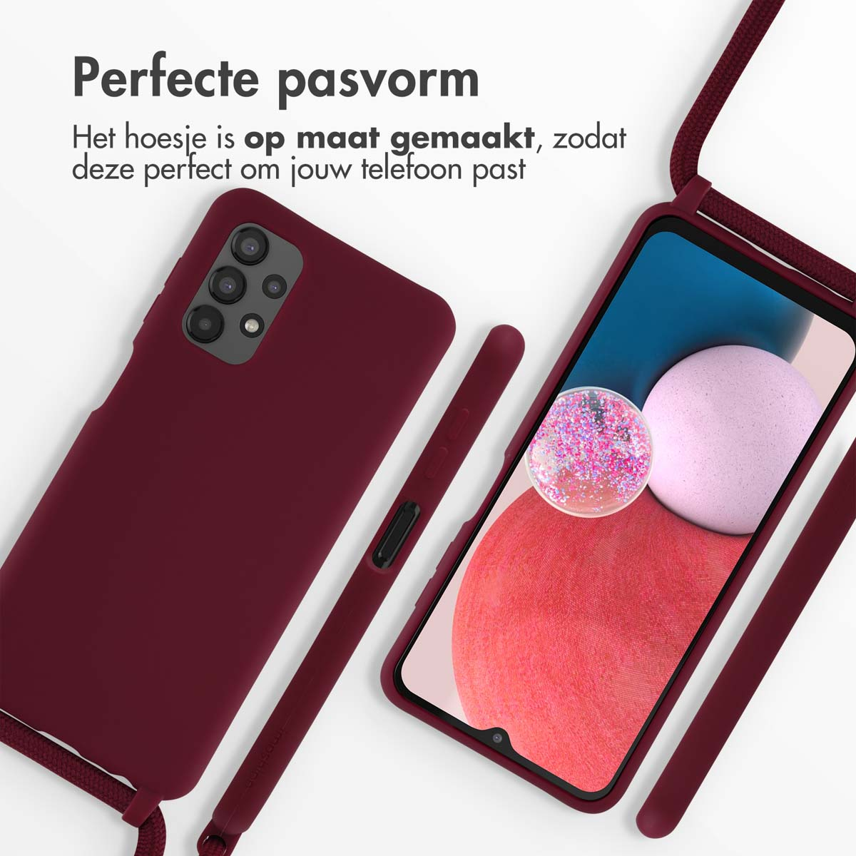 Two phones, one in a maroon case with a lanyard, other with screen visible. White background. Text: Perfect fit.