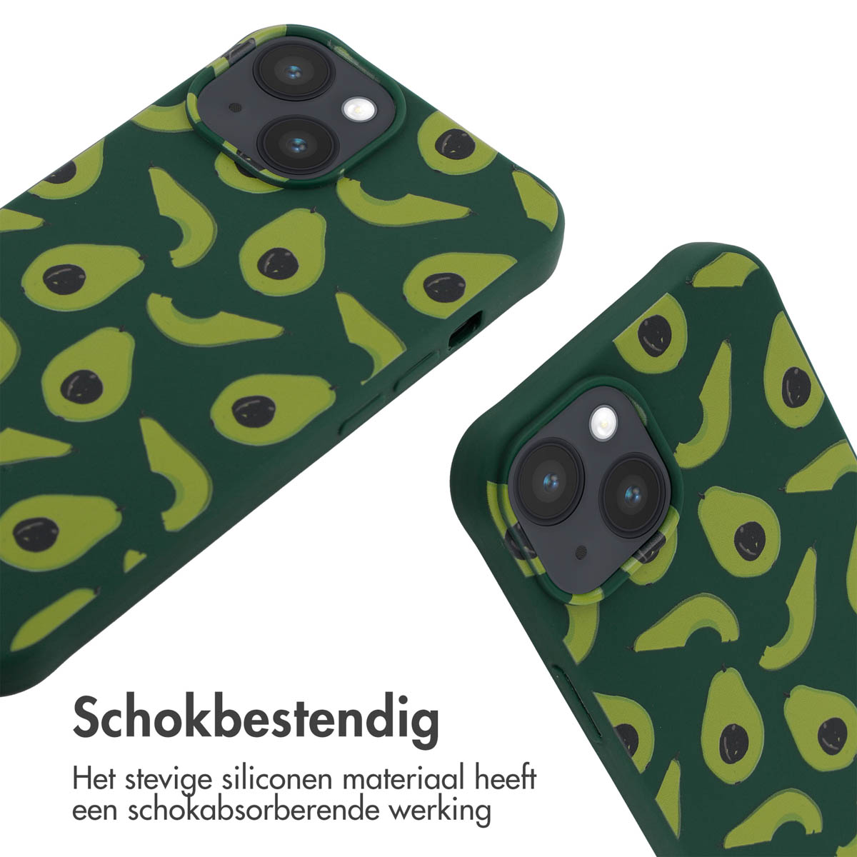 Zwei Handyhüllen mit Avocadomuster. Text: Stoßfest.
