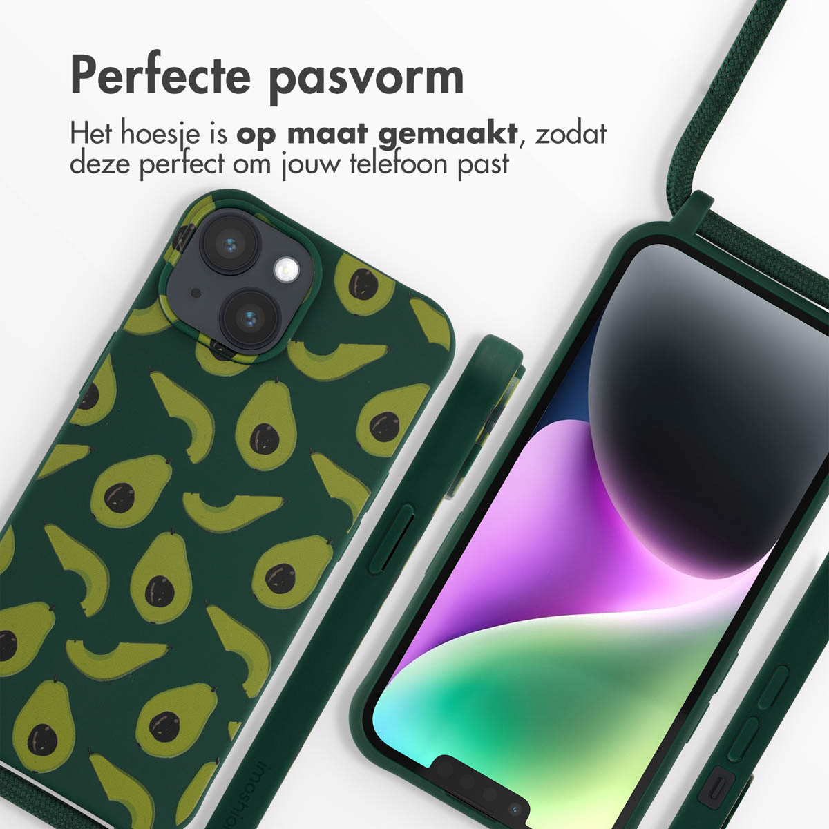 Grüne Handyhülle mit Handy, Hülle, grünem Band, Avocadomuster. Text: Perfekte Passform.