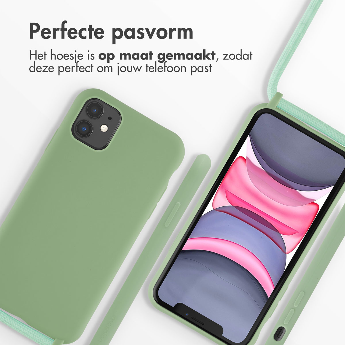 Funda verde, teléfono y correa sobre fondo blanco. El teléfono muestra una imagen rosa y blanca.