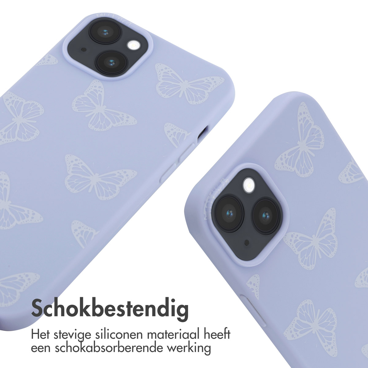 Twee lila telefoonhoesjes met vlinderpatronen tegen een witte achtergrond.