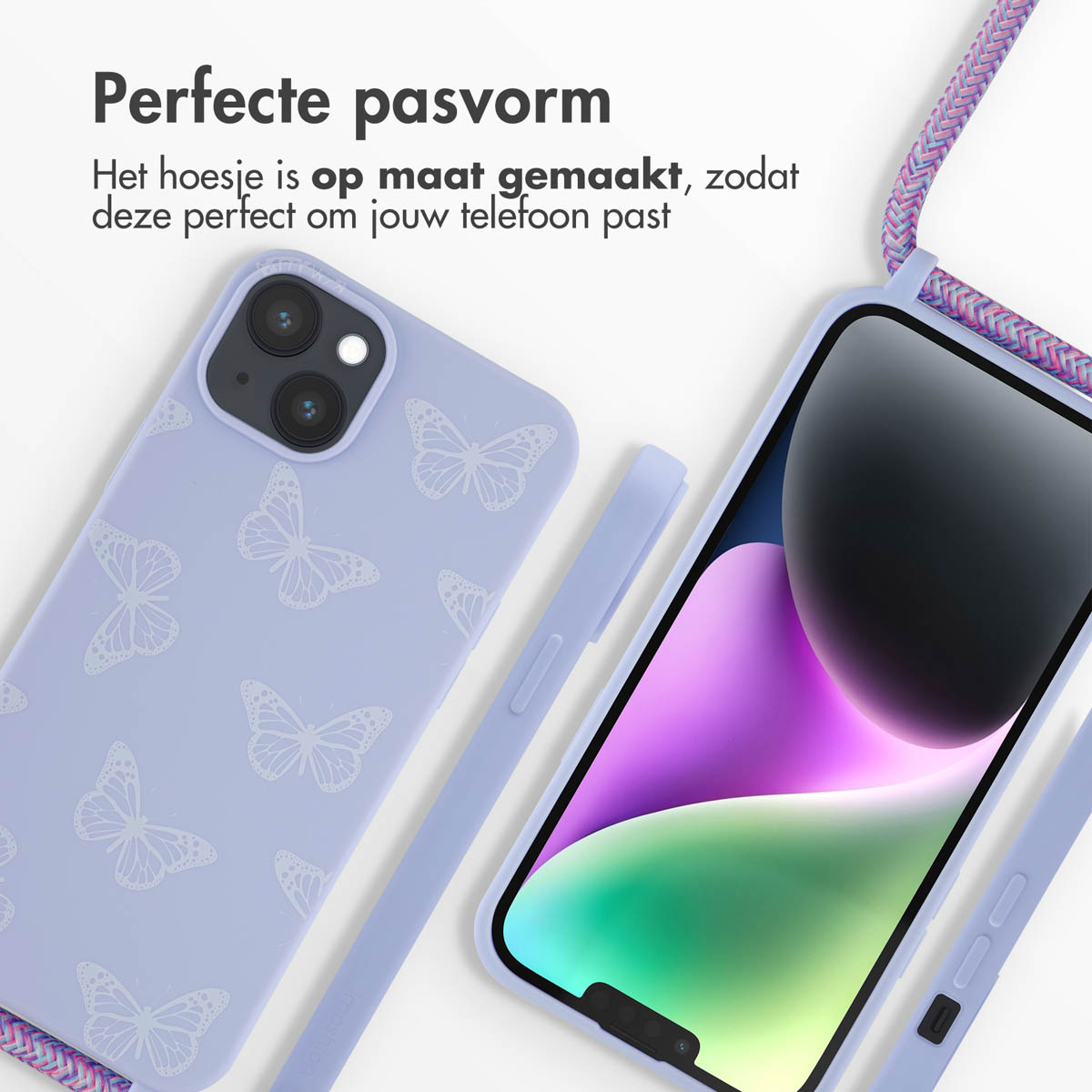 Paars telefoonhoesje met vlinderontwerp, telefoon en riem. Tekst: Perfecte pasvorm.