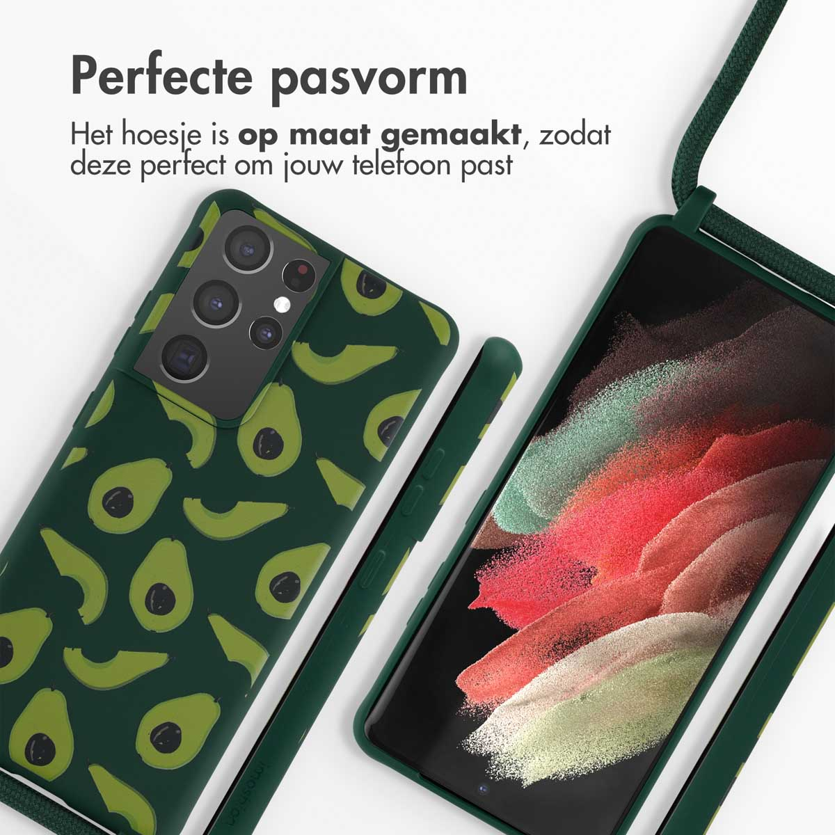 Donkergroene telefoonhoes met avocadopatroon. Telefoon toont groen-rode afbeelding.