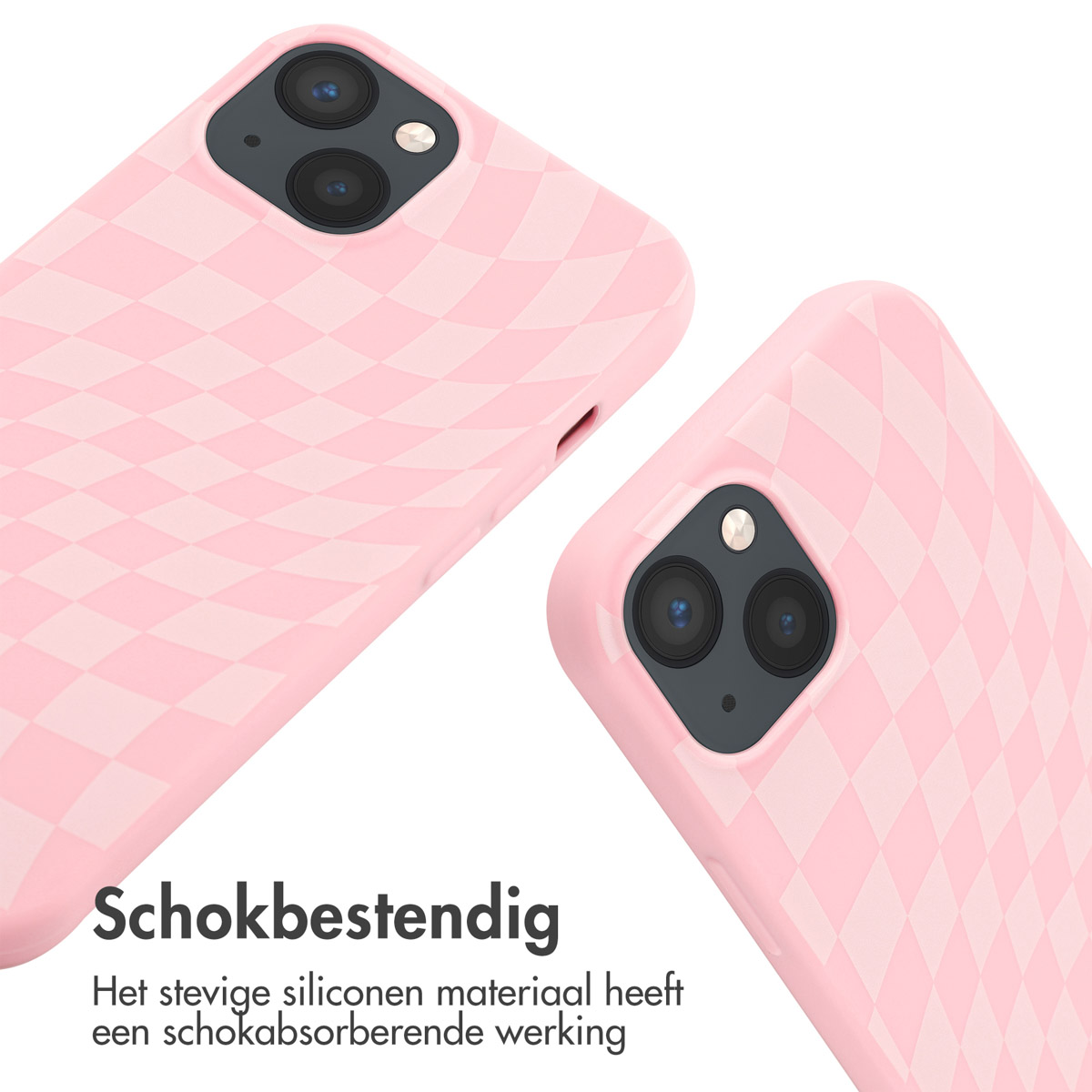Twee roze geruite telefoonhoesjes. Hoesjes schuin, witte achtergrond.