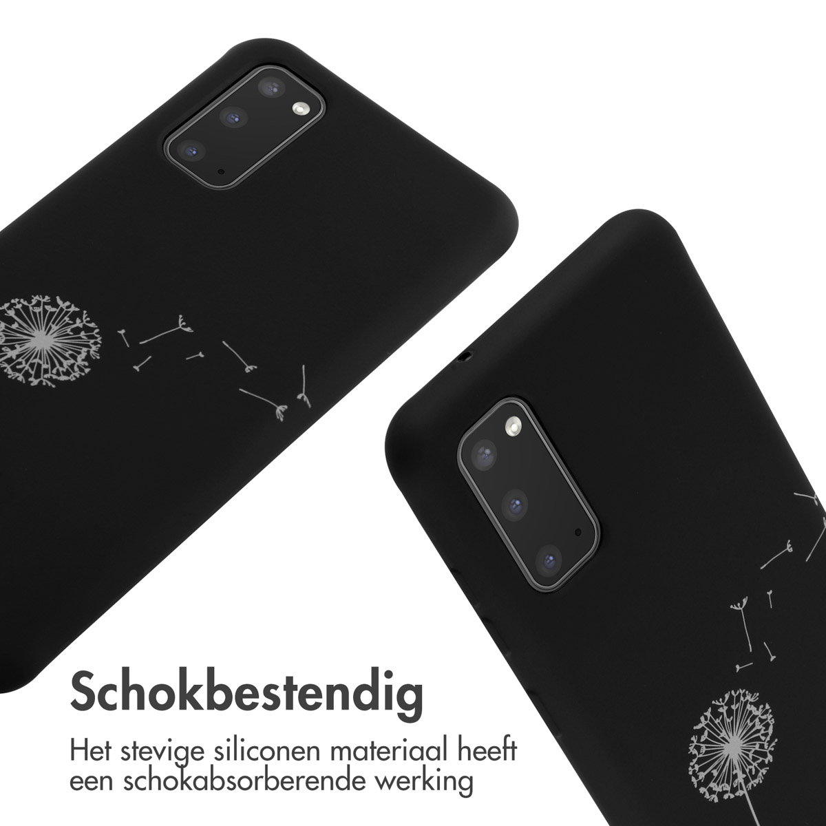 Due custodie per telefono nere angolate. Design a dente di leone. Sfondo bianco. Testo: Antishock.