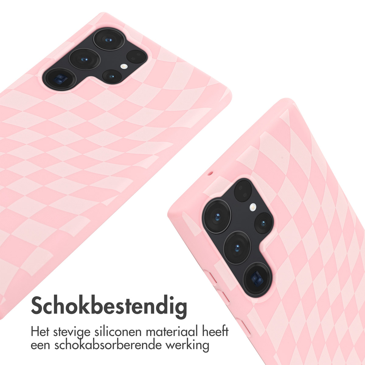 Deux coques de téléphone roses à motif à carreaux. Fond blanc.