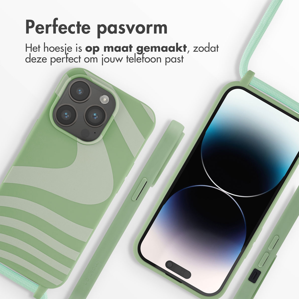 Mintgroene telefoonhoes met witte strepen. Telefoon toont blauw-witte afbeelding. Achtergrond is wit.