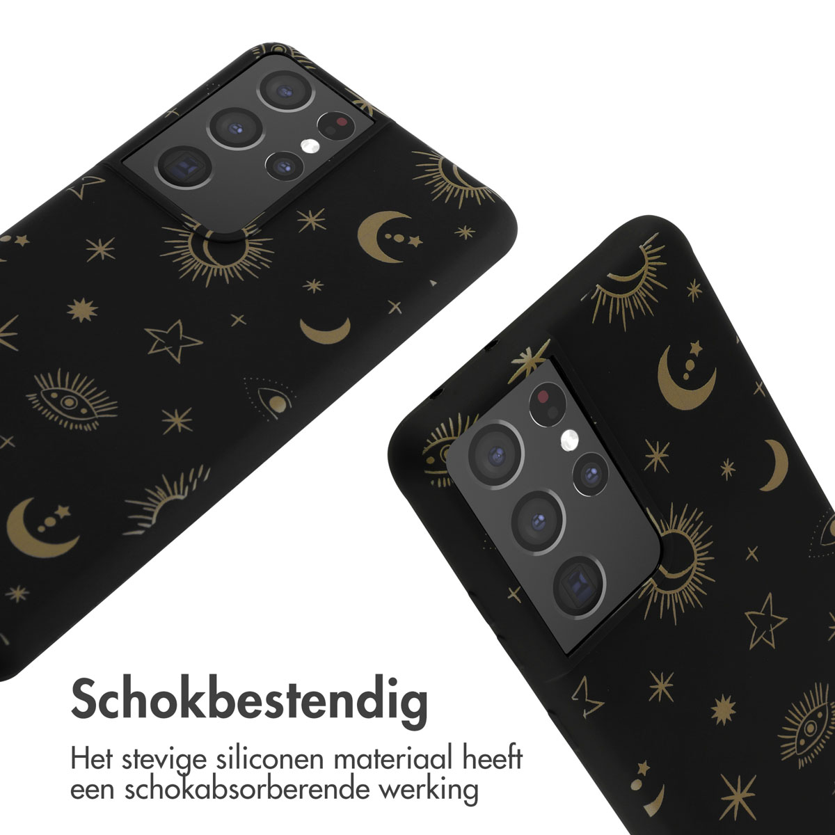 Twee zwarte telefoonhoesjes met gouden hemelse ontwerpen. Witte achtergrond.