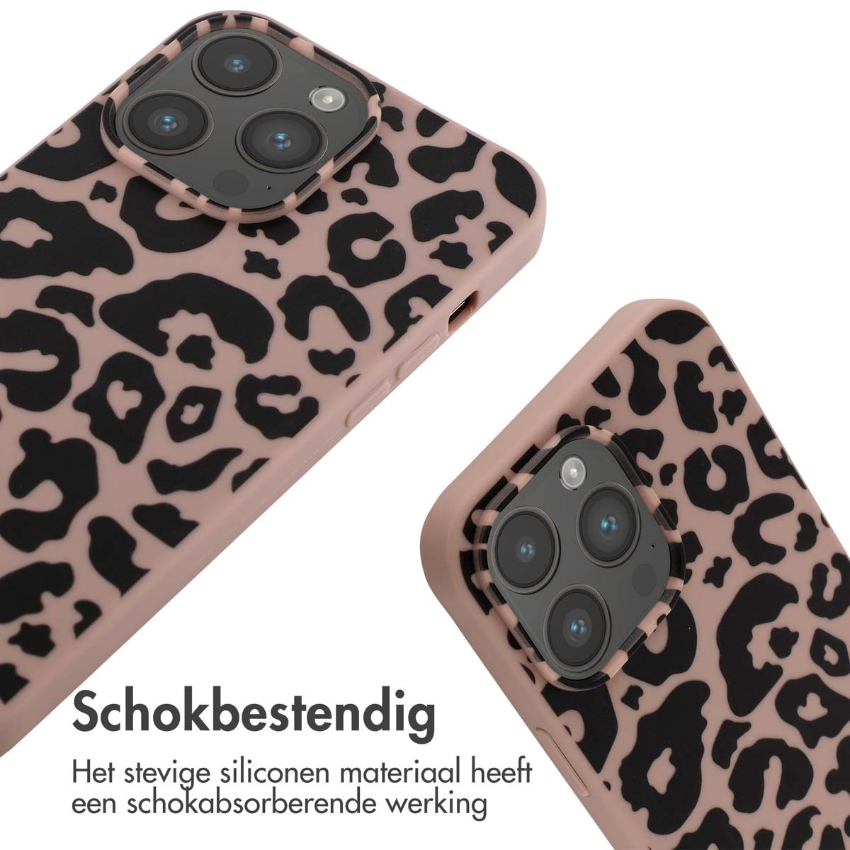 Deux coques de téléphone roses avec des taches de léopard noires. L'une est inclinée, montrant les caméras. L'autre est en arrière-plan.