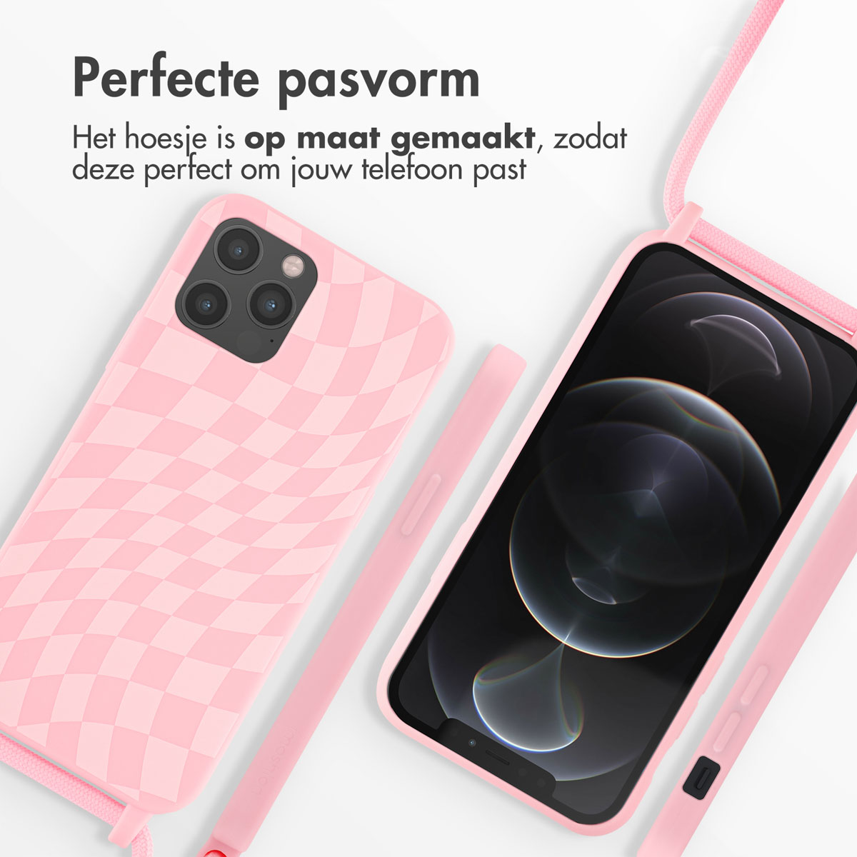 Ein Telefon in einer rosa Hülle, eine passende Hülle und ein Schlüsselband. Der Bildschirm ist sichtbar.