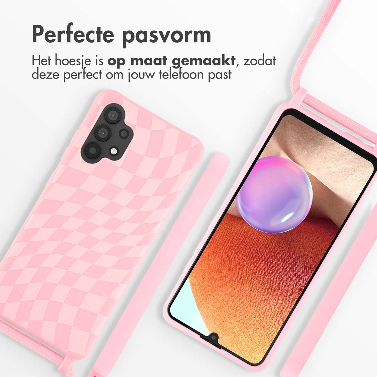 Roze telefoonhoes met telefoon erin. Tekst: Perfecte pasvorm.