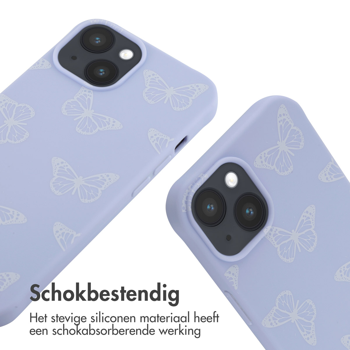 Zwei lavendelfarbene Handyhüllen mit weißen Schmetterlingsmustern auf weißem Hintergrund.