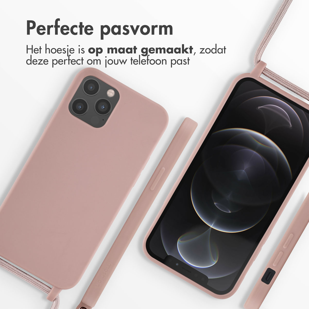 Coque de téléphone marron, téléphone et lanière. Texte : Ajustement parfait. La coque est faite sur mesure.