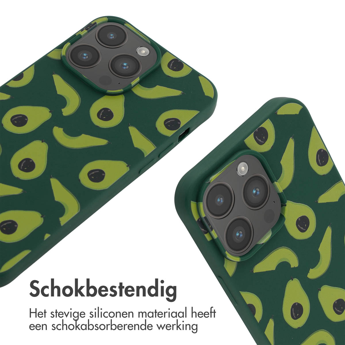 Coque verte avec motif avocat. Texte : Antichoc. Le silicone est amortissant.