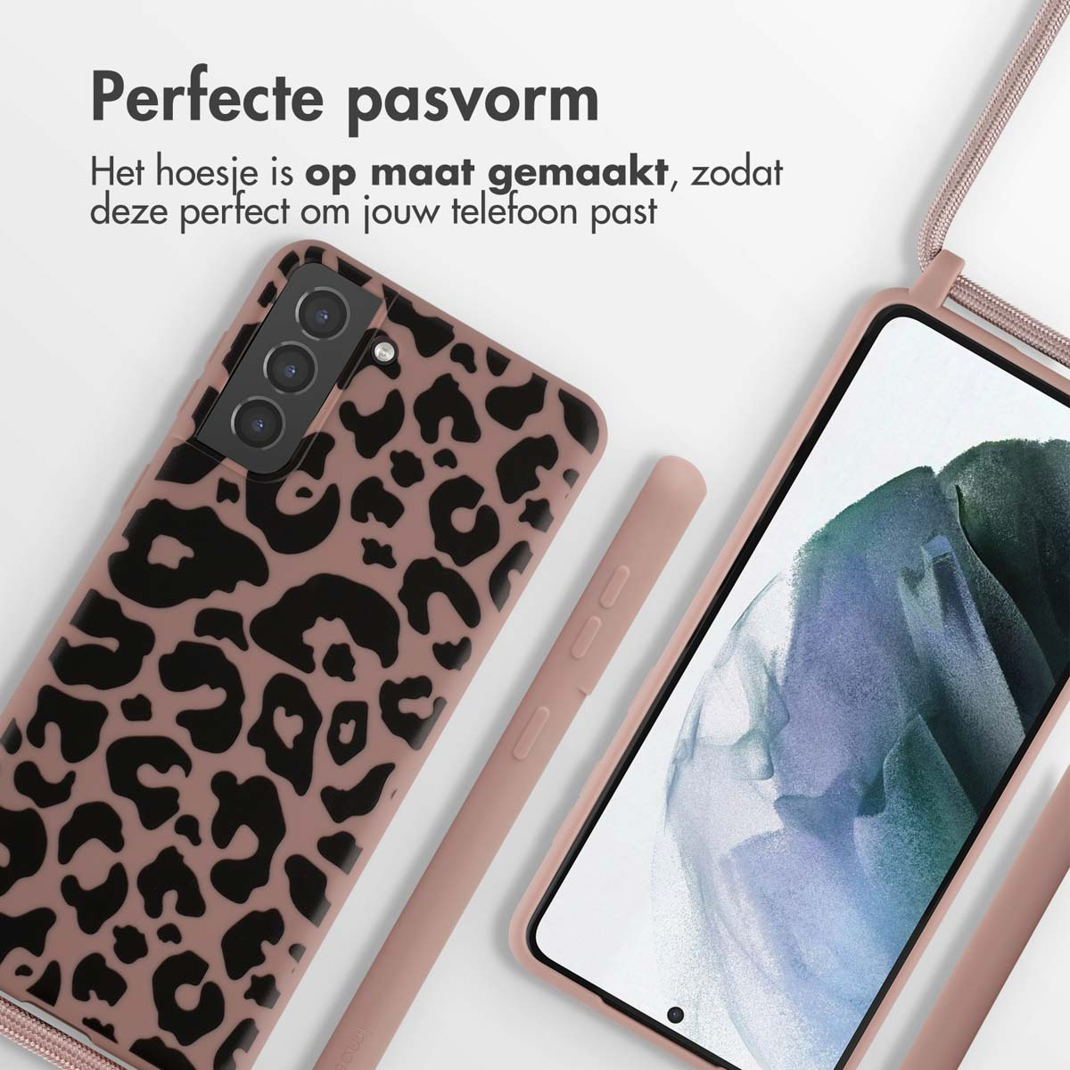 Custodia marrone con stampa leopardata e telefono con cinturino. Testo: Vestibilità perfetta.