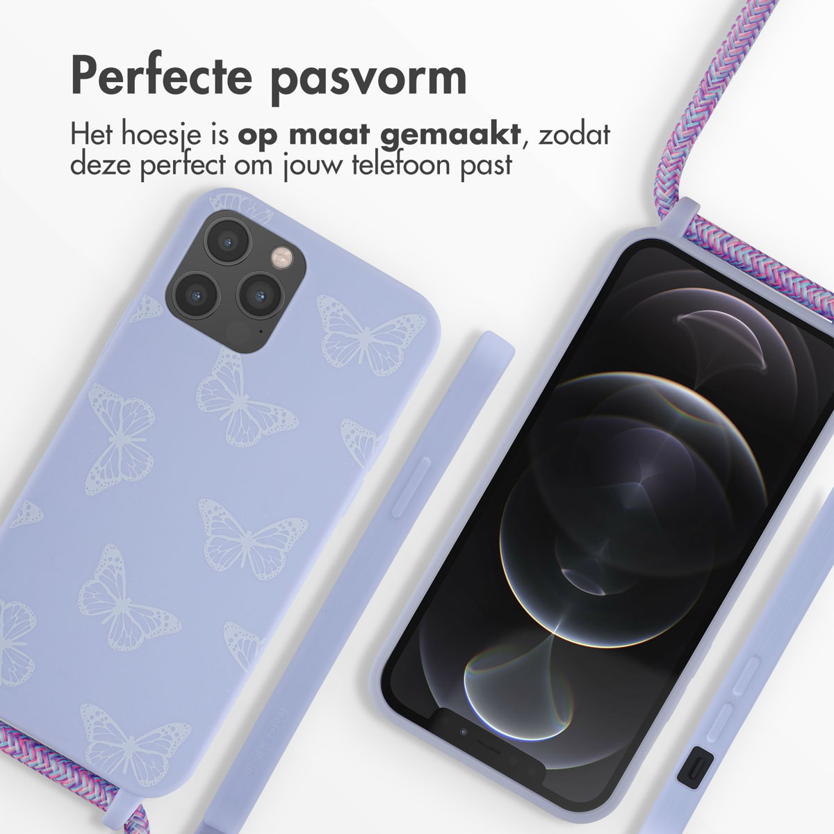 Lila Handyhülle mit Schmetterlingsdesign, Telefon und Riemen. Text: Perfekte Passform.