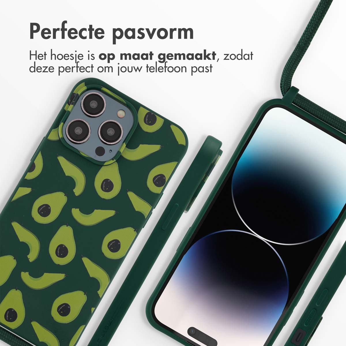 Coque de téléphone verte avec motif avocat à côté d'un téléphone à écran vert.