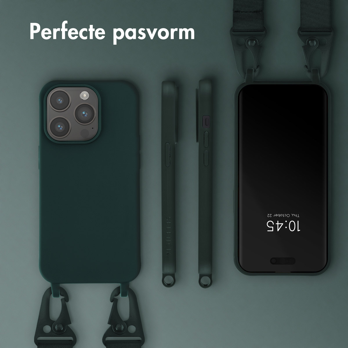Een telefoon en hoesjes op een rij. De telefoon rechts heeft een bandje. Donkergroene kleur.