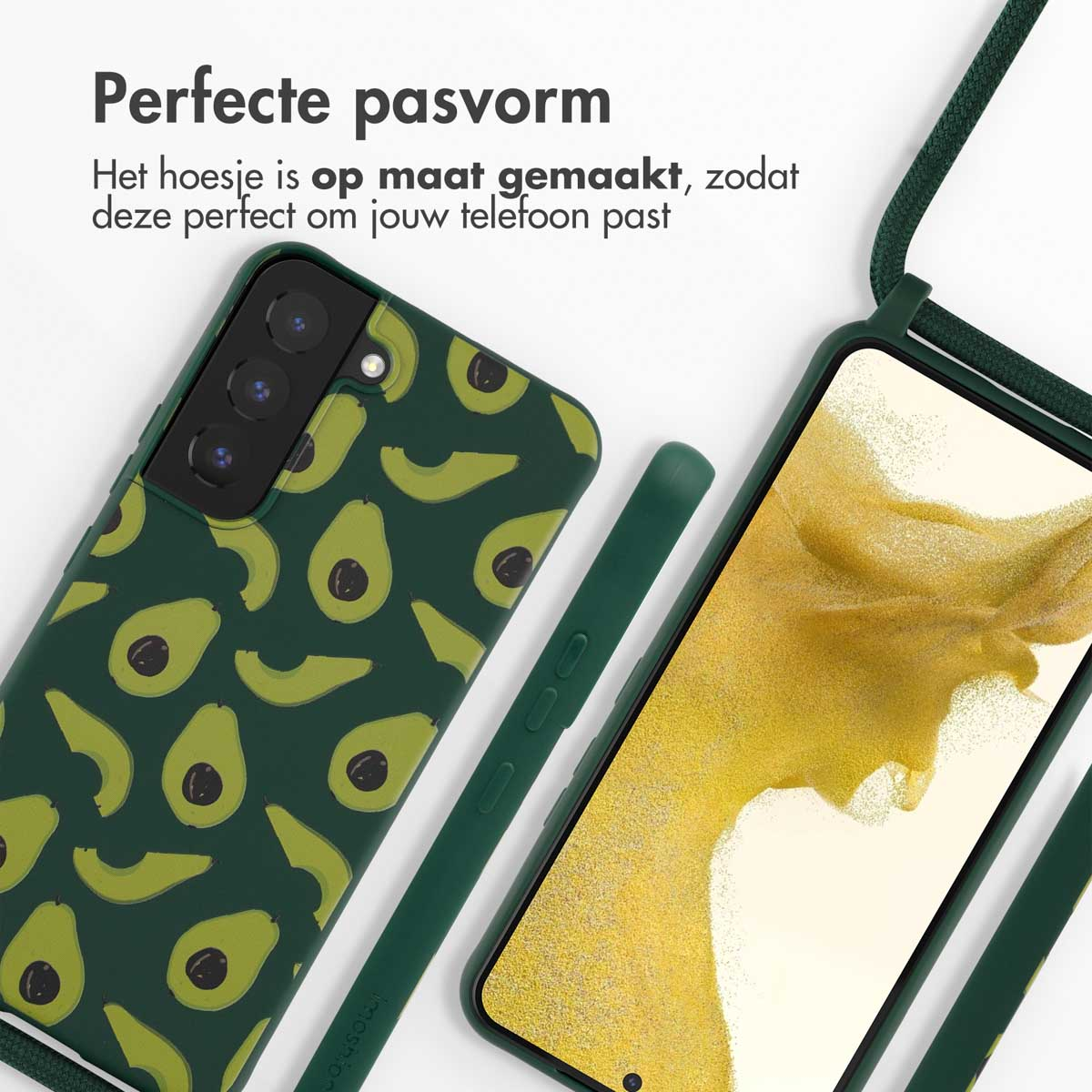 Donkergroene hoes met telefoon, hoes en groen koord, avocado patroon. Tekst: Perfecte pasvorm.